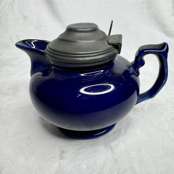 Antique Blue Porcelain Creamer With Pewter Hinged Lid & Handle - Picture 5 of 13